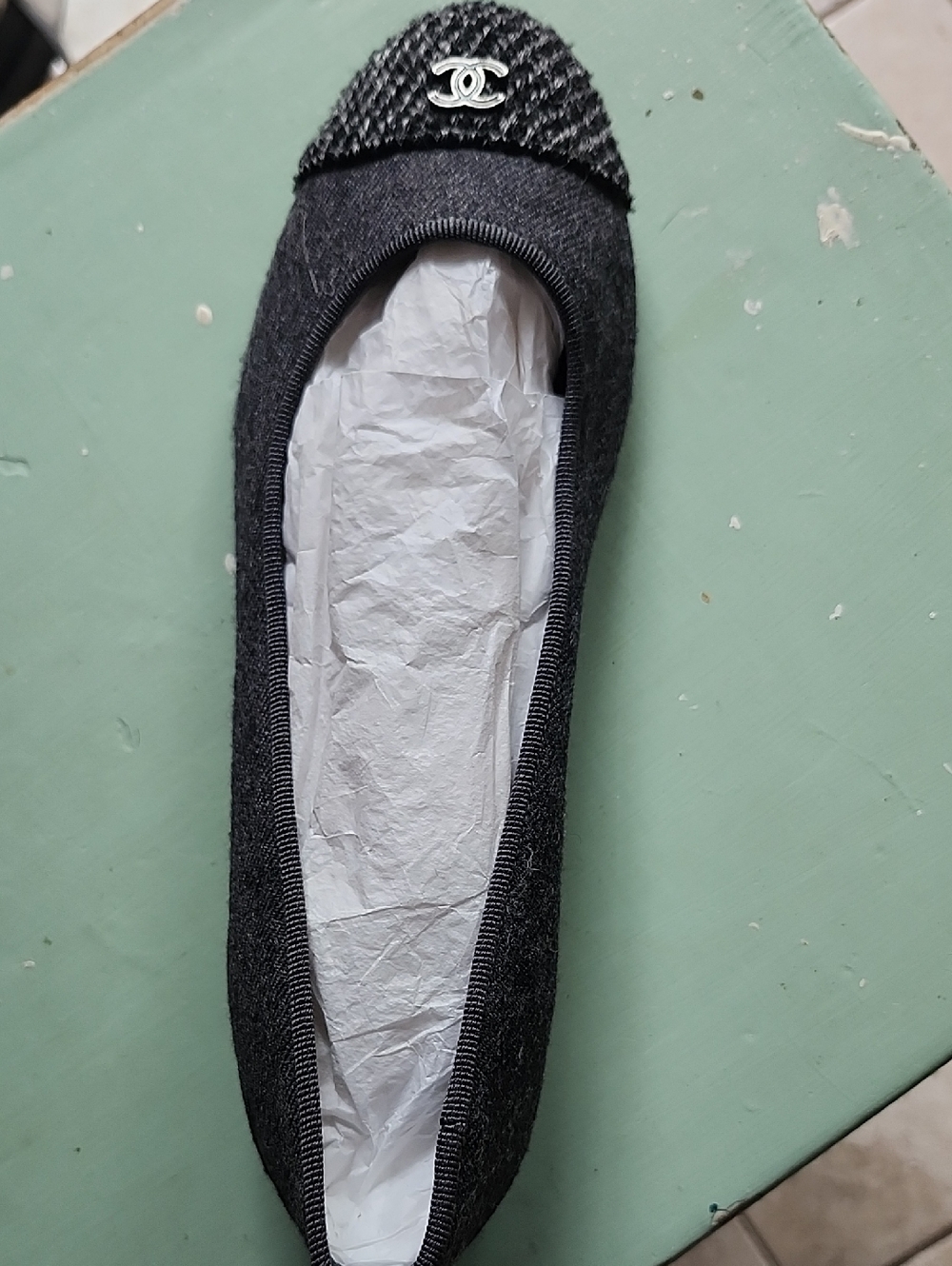 Chanel Gray Tweed Ballet Left Shoe Only Size 36